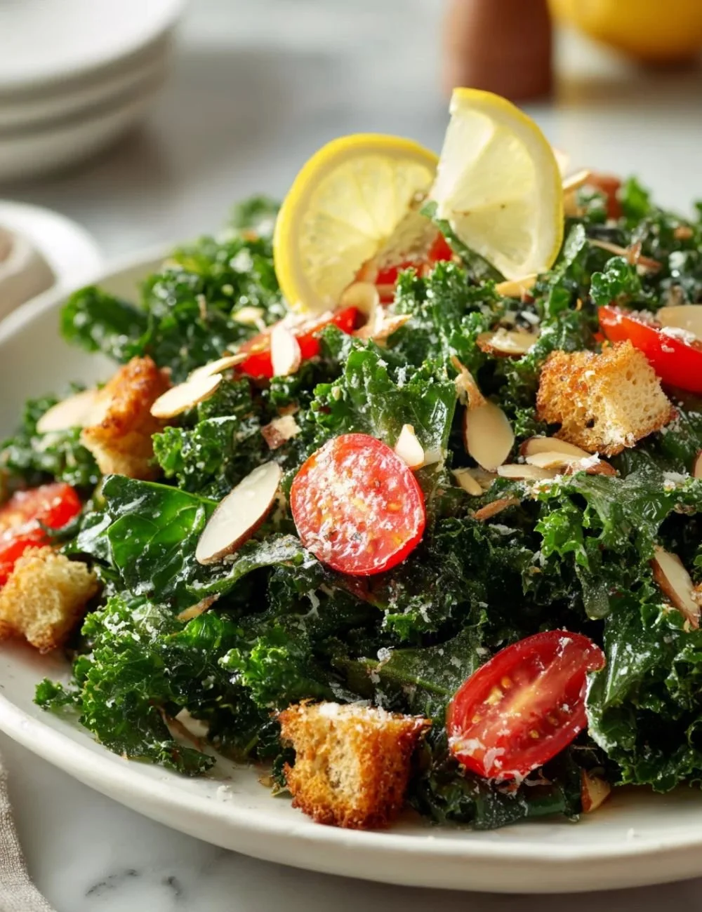 A vibrant Lemon Parmesan Salad with non-alcoholic ale dressing garnished with fresh herbs.