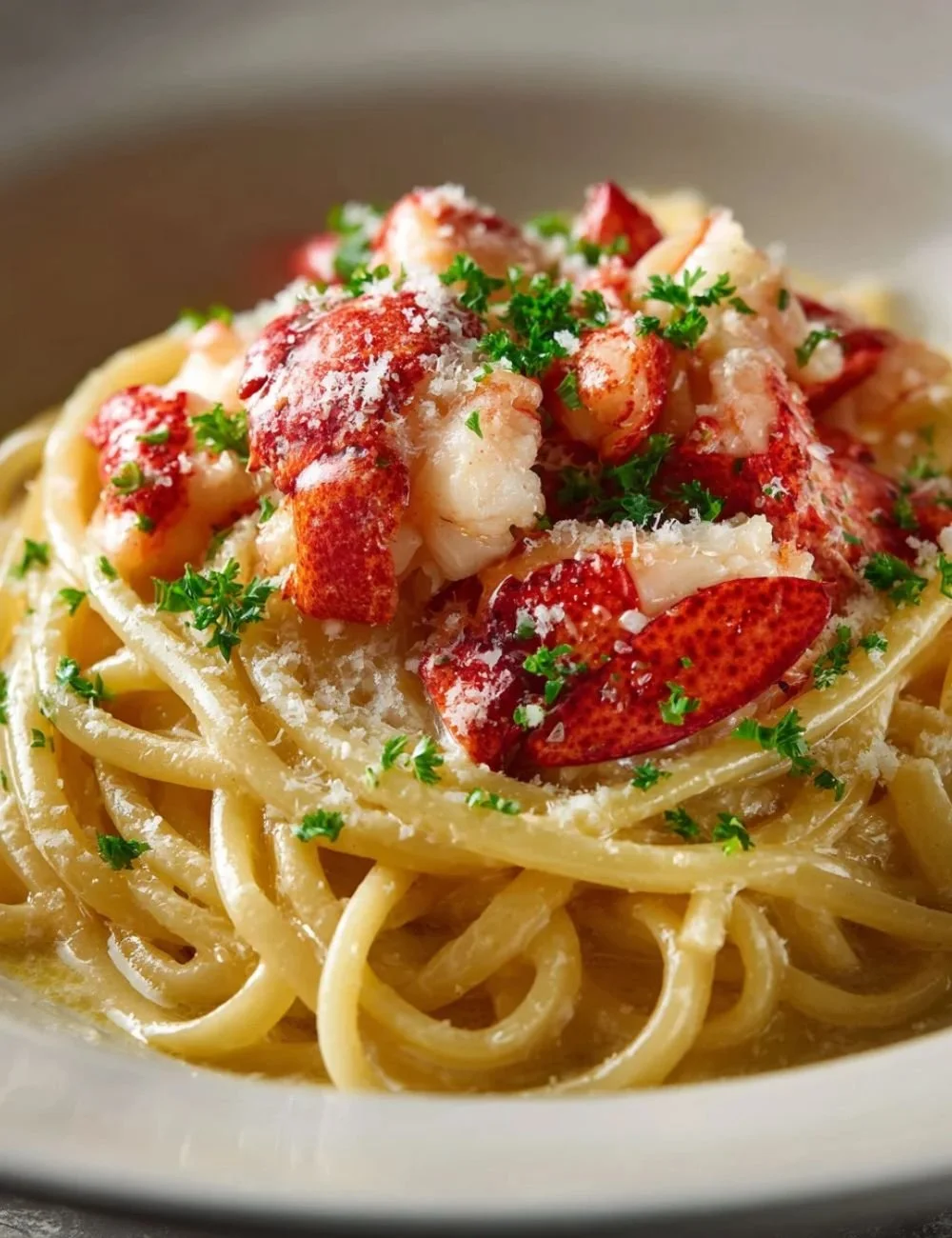 Delicious Lobster Bucatini pasta dish with succulent lobster and rich sauce.