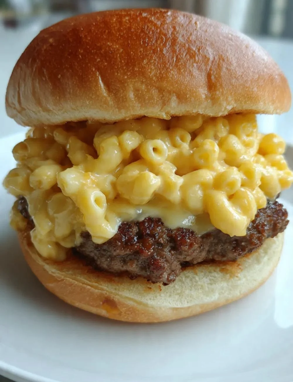 Delicious Mac & Cheese Burger topped with creamy cheese sauce and crispy bacon