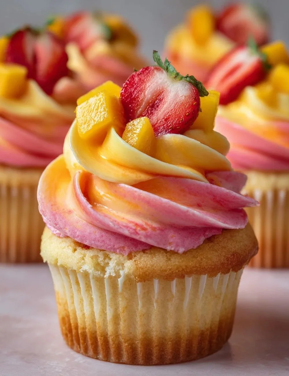 Mango Strawberry Cupcakes with vibrant sunset frosting and fresh fruit toppings