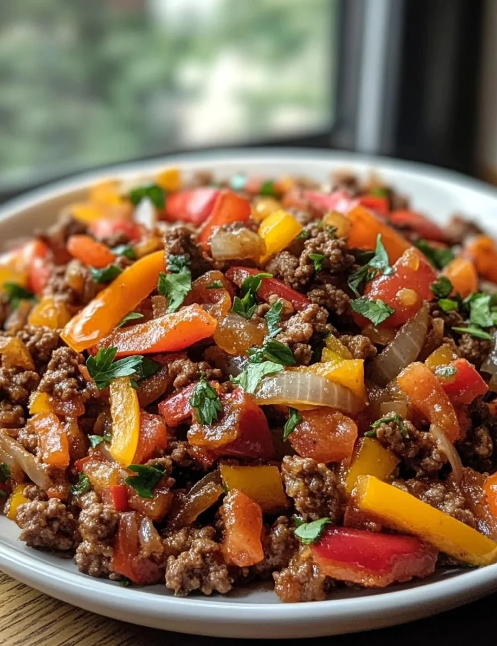 Mediterranean ground beef stir fry with vegetables in a skillet