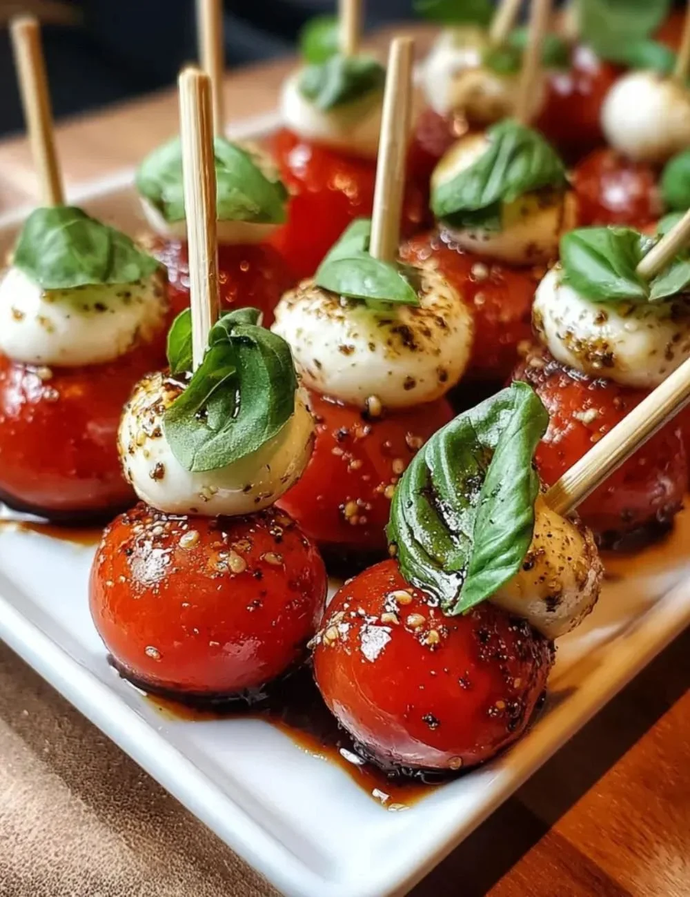 Plate of Mini Caprese Mozzarella Bites with tomatoes and basil