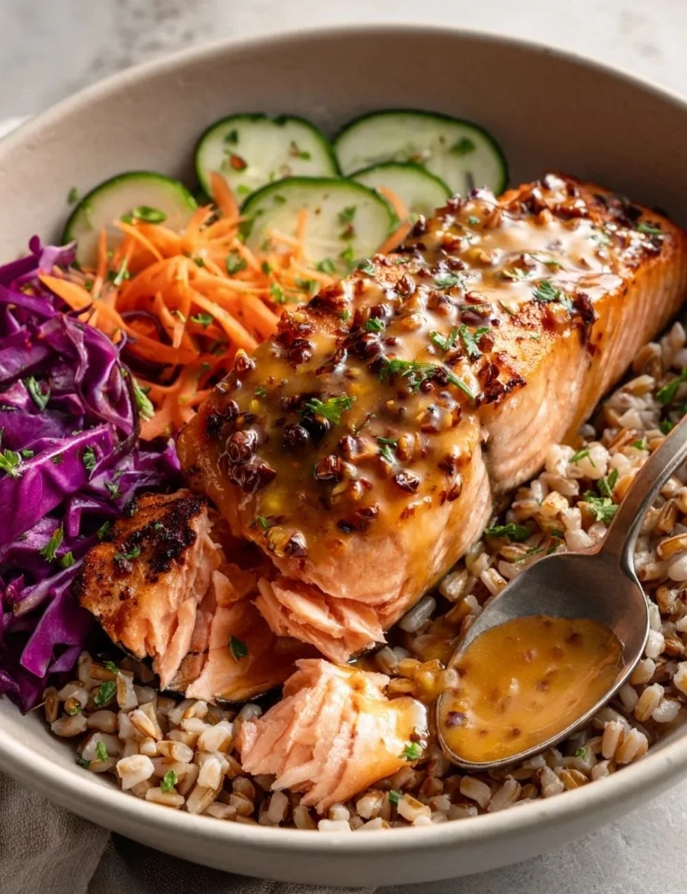 Miso Salmon served in a bowl with farro and fresh vegetables