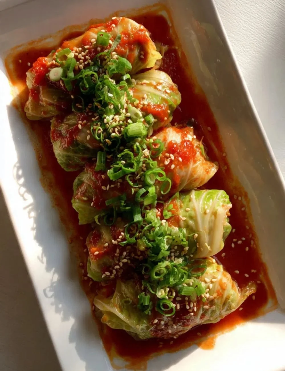 Plate of Napa cabbage rolls filled with meat and rice on a rustic table.