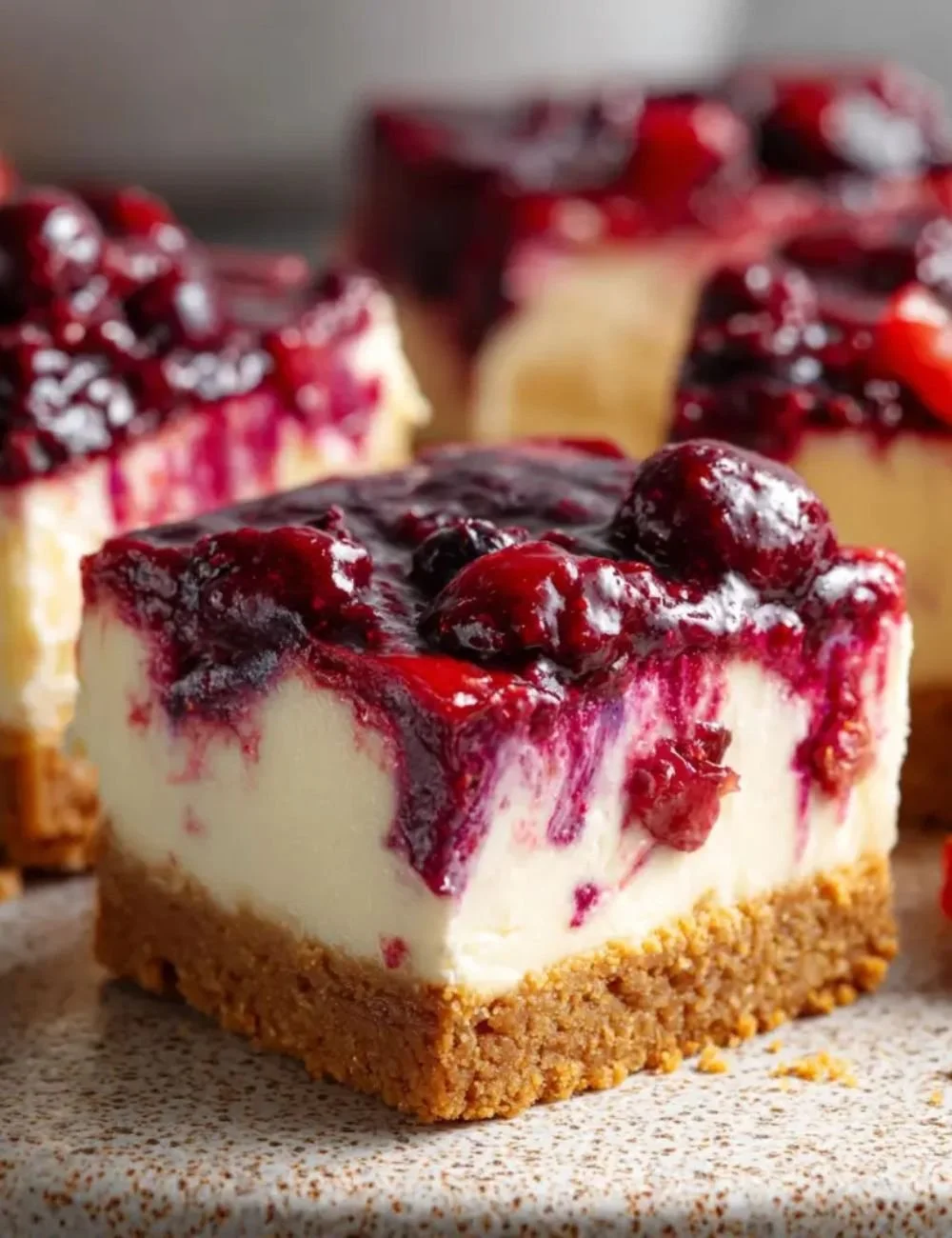 No bake berry cheesecake bars topped with fresh berries