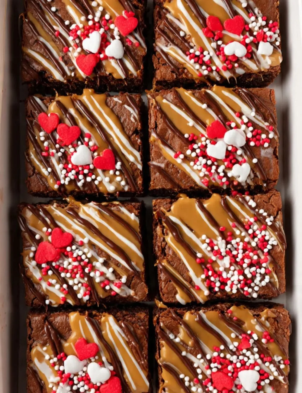 Delicious Nutella Biscoff Brownies topped with chocolate and caramel drizzle.