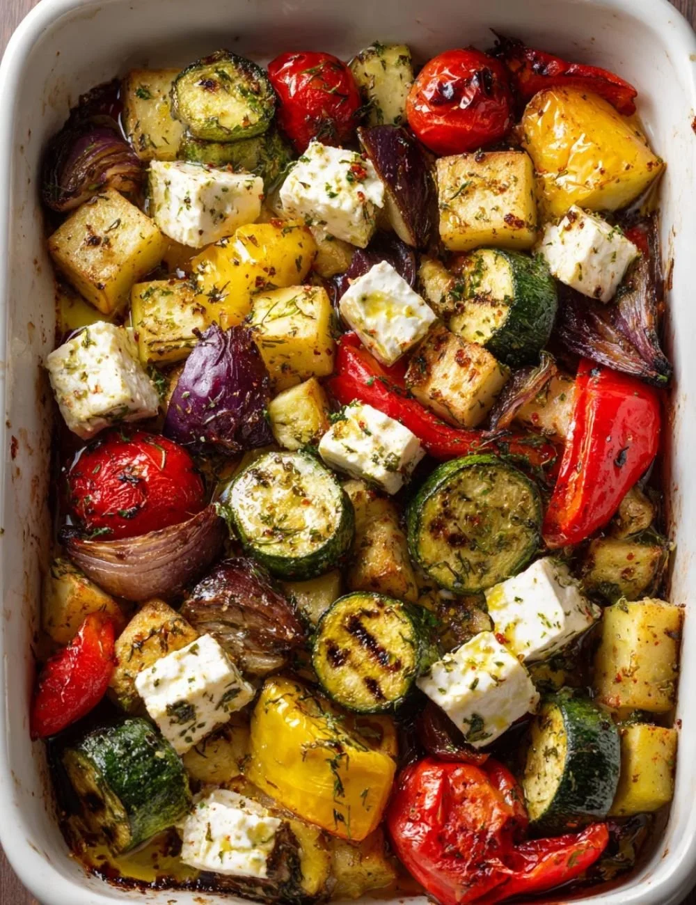 Colorful one pan Greek vegetables dish with fresh ingredients