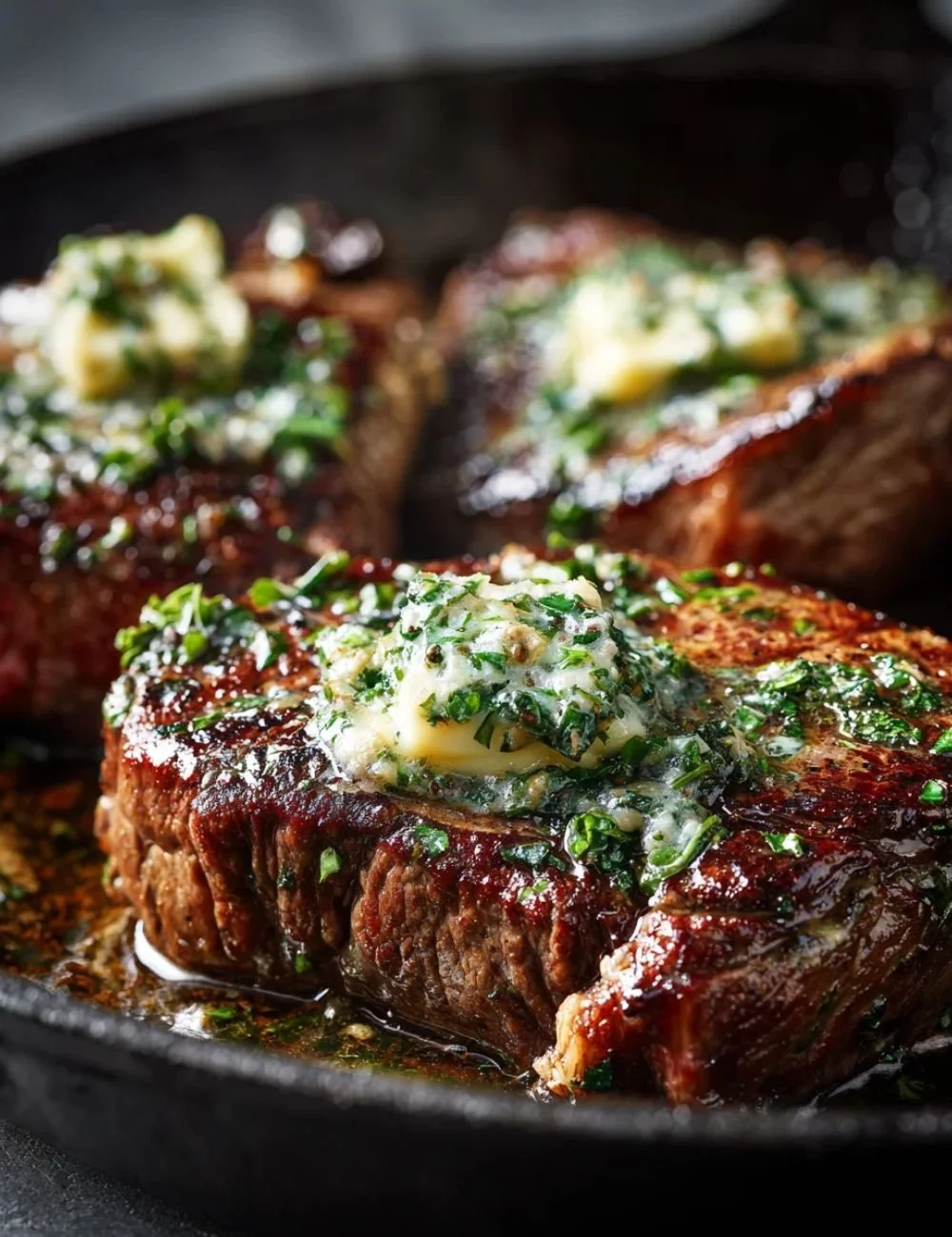 Delicious pan seared steak topped with garlic butter ready to serve.