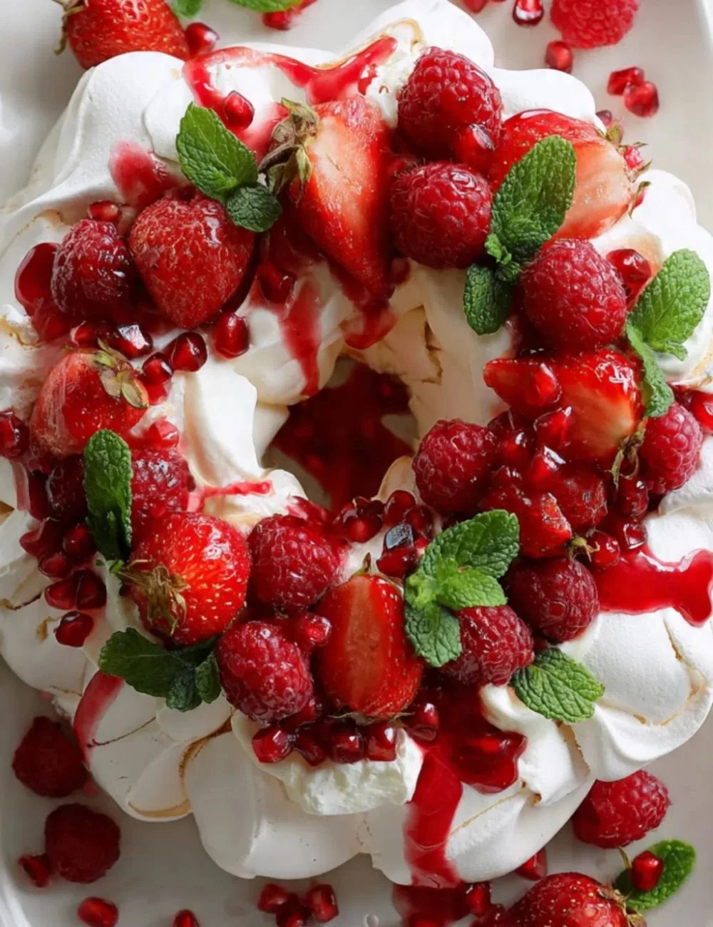 A beautifully crafted Pavlova Wreath decorated with fresh fruits and whipped cream.