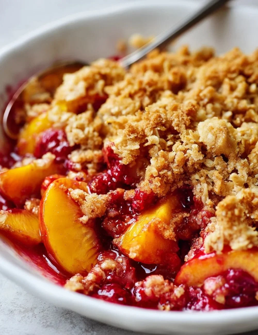Freshly baked Peach Raspberry Crisp topped with oats and served warm.