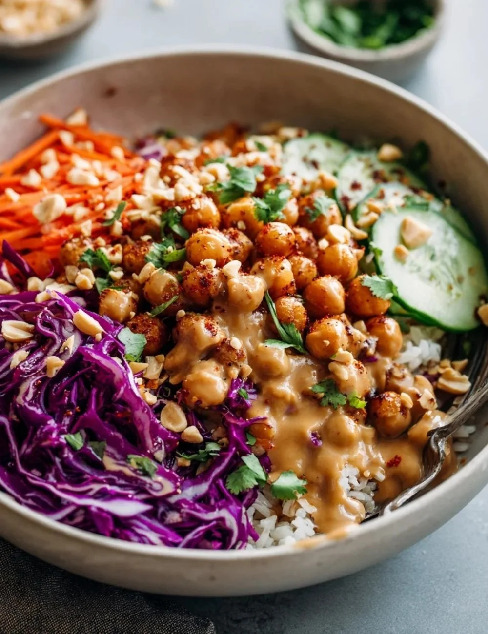 Delicious Peanut Chickpea Protein Bowls garnished with fresh herbs.
