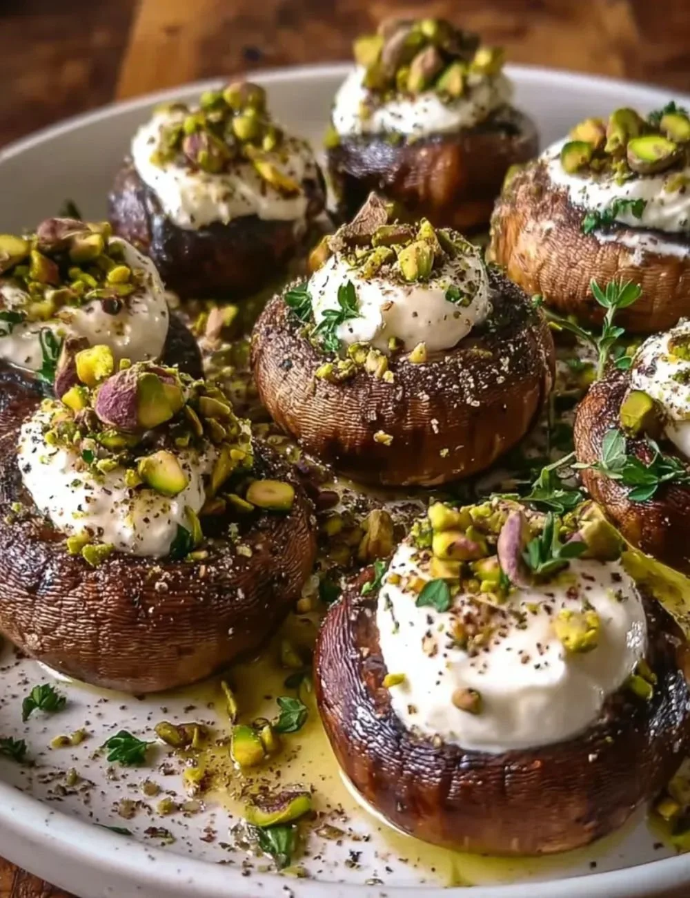 Delicious pistachio cream and goat cheese stuffed mushrooms