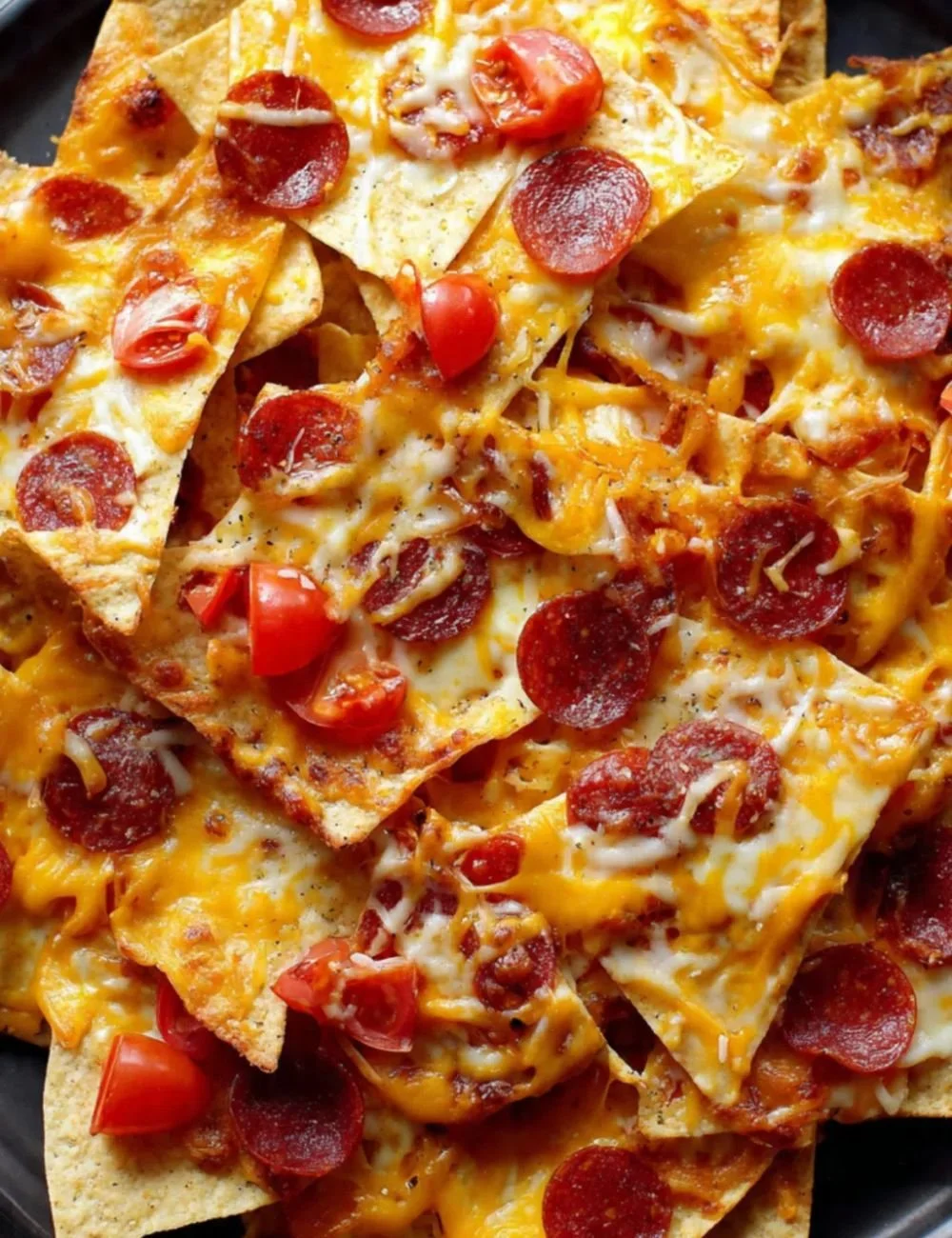 Delicious pizza nachos topped with cheese, pepperoni, and fresh ingredients