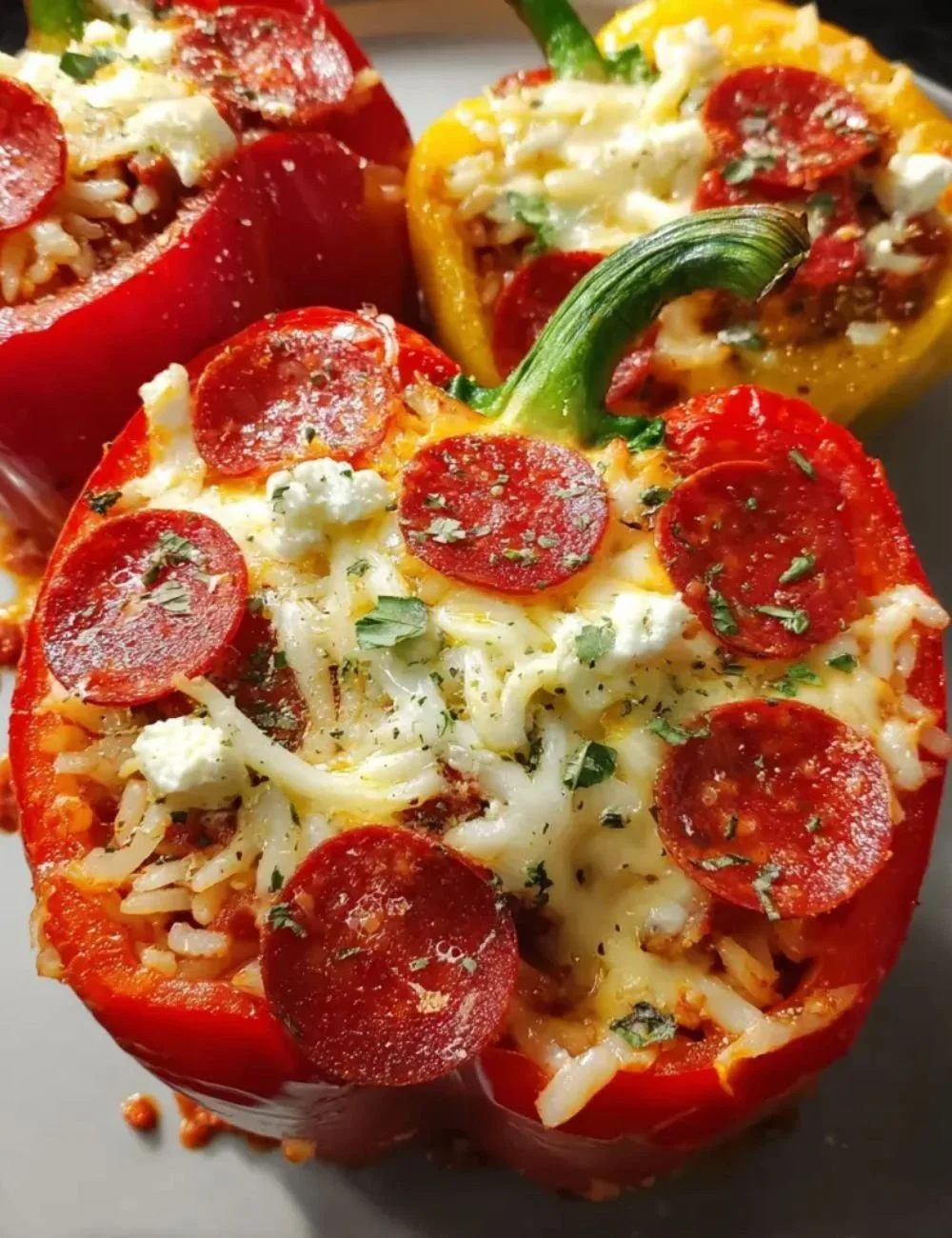 Colorful pizza stuffed peppers filled with cheese and toppings