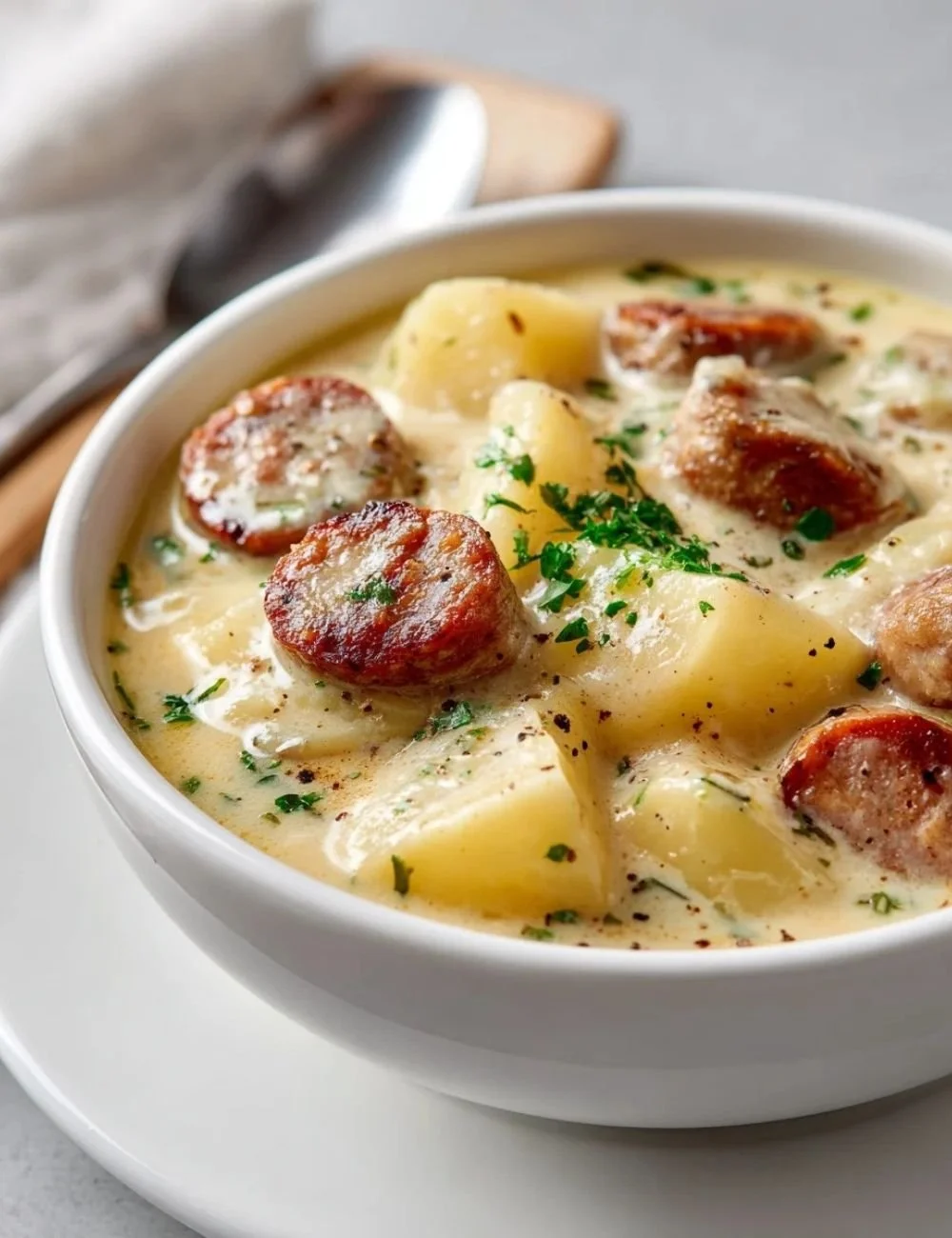Delicious bowl of potato and beef sausage chowder topped with herbs