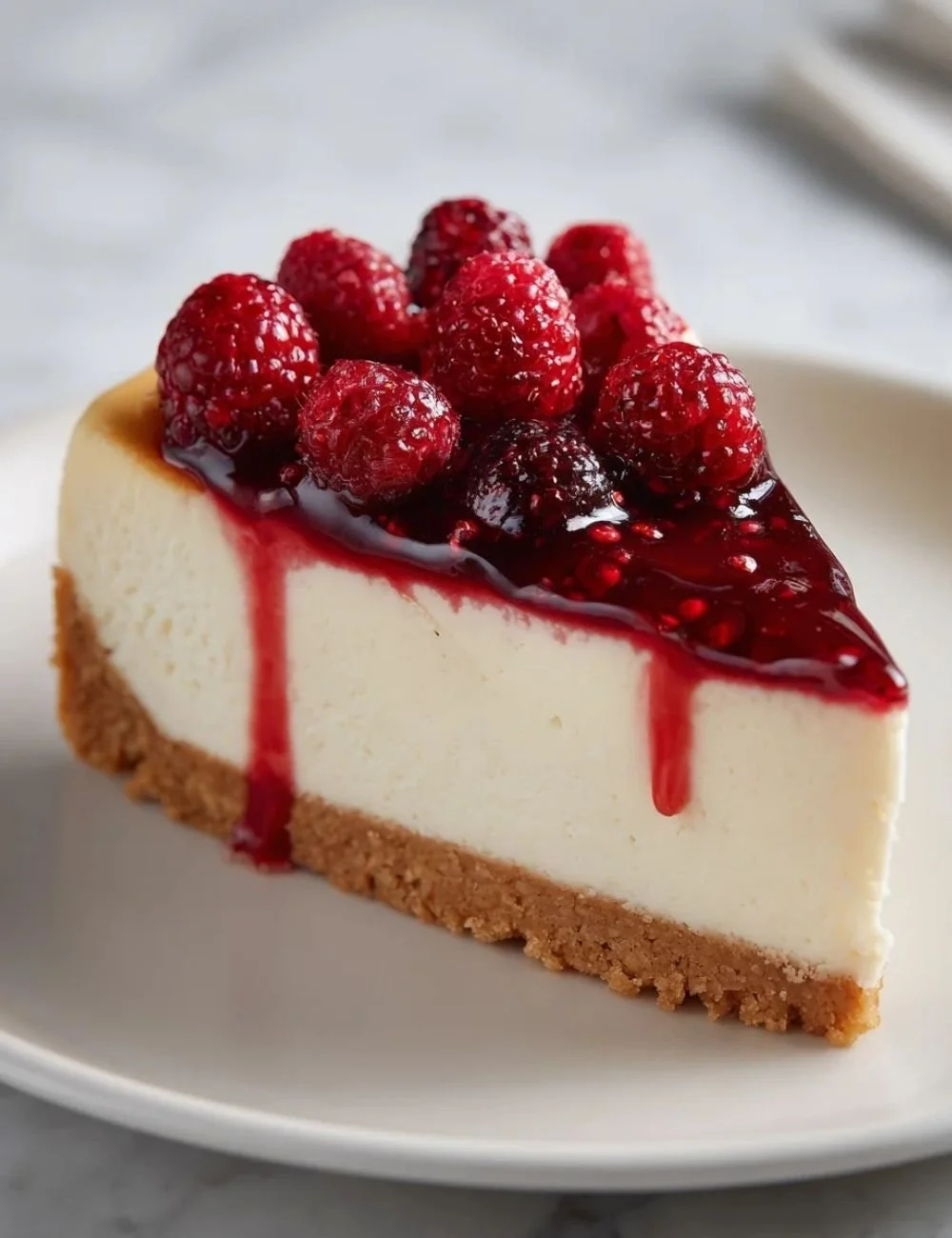 Delicious homemade Raspberry Cheesecake topped with fresh raspberries