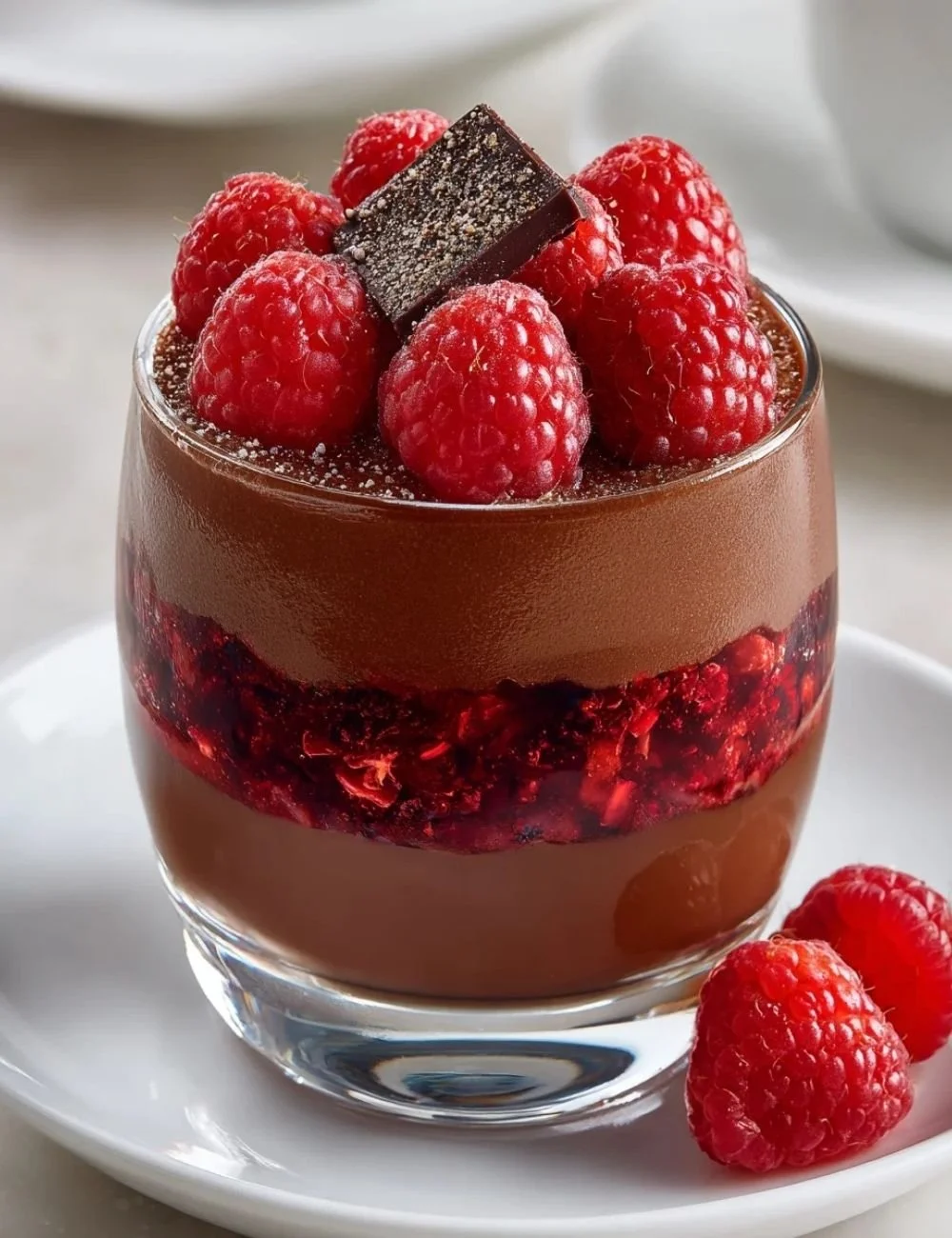 Delicious raspberry chocolate parfaits layered with chocolate mousse and fresh raspberries.