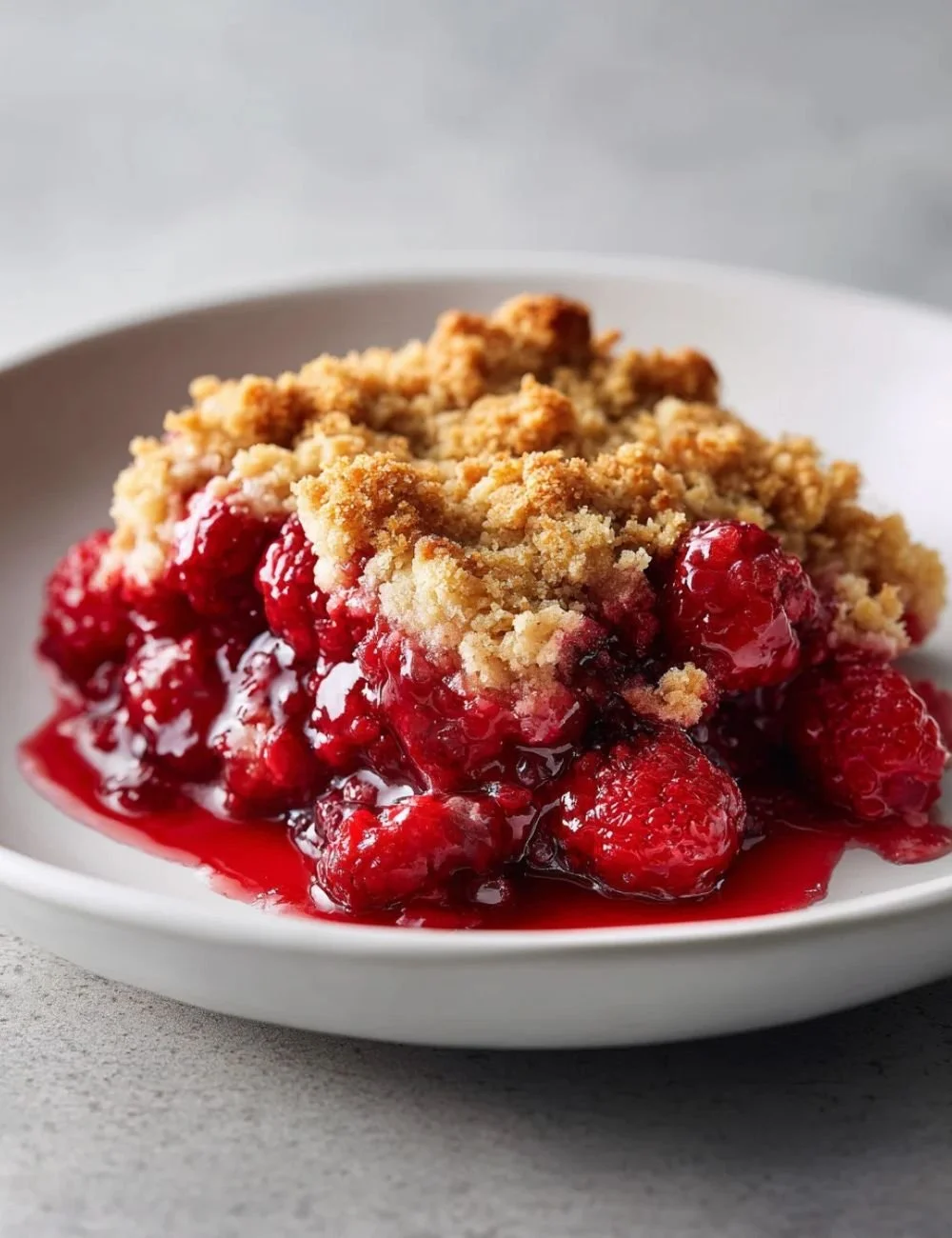 Delicious homemade raspberry crumble dessert with a golden crumb topping.