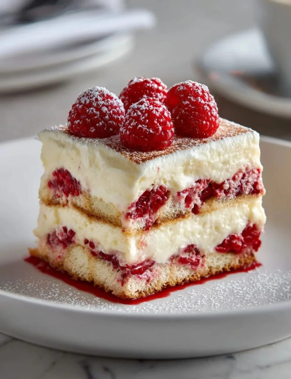 Delicious Raspberry Tiramisu dessert topped with fresh raspberries