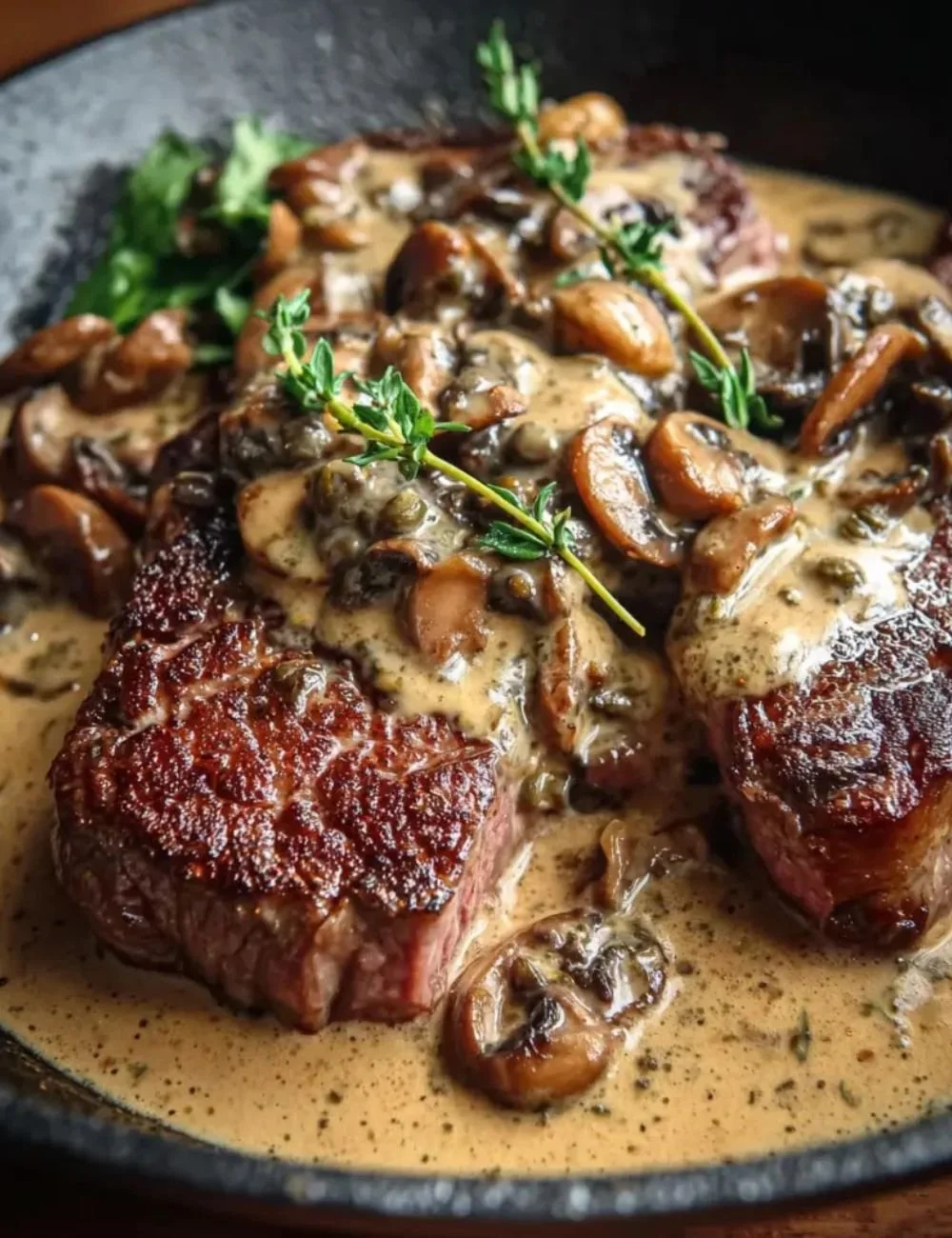 Delicious ribeye steaks served with creamy mushroom peppercorn sauce