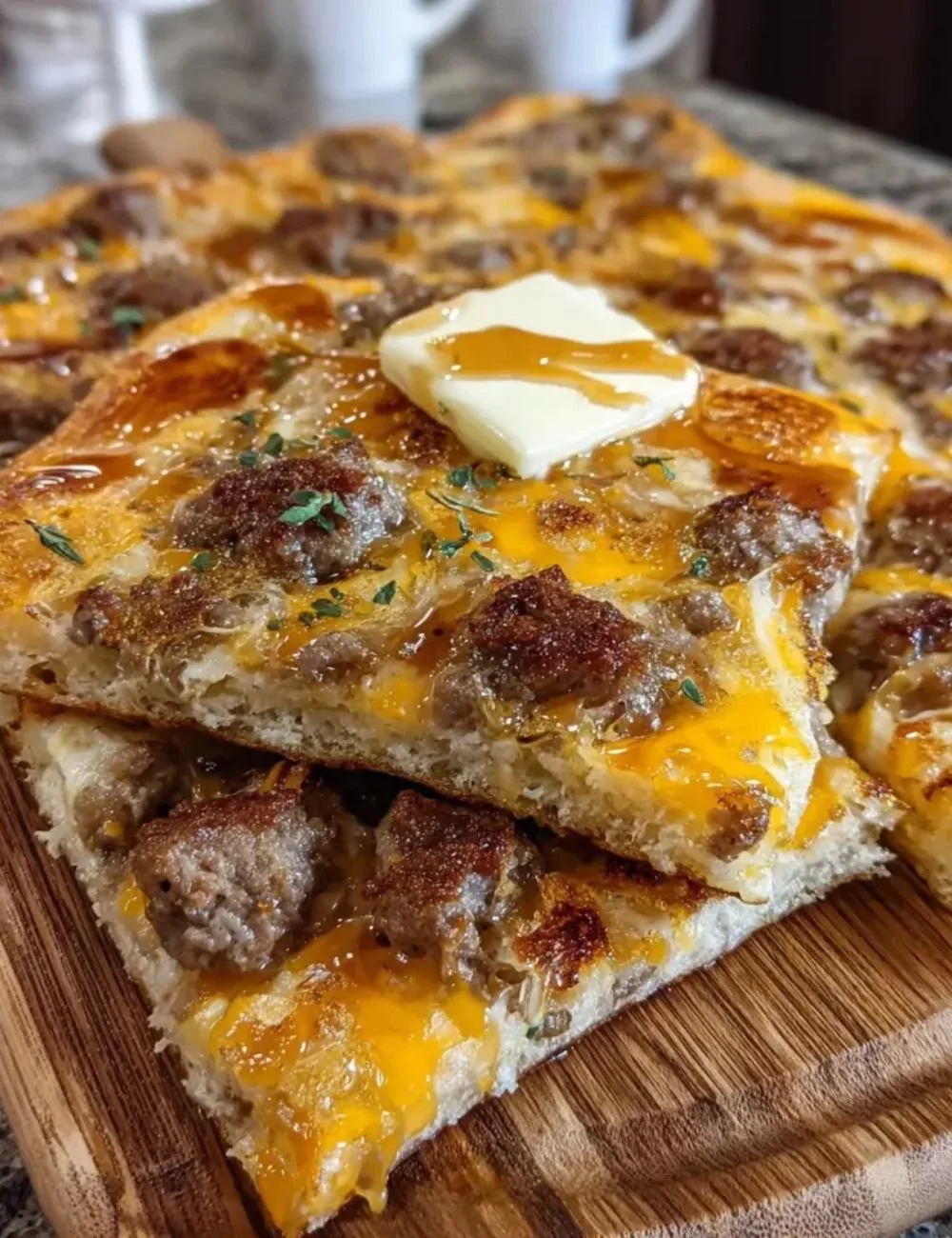 Sausage cheese pancakes baked in a sheet pan, ready to serve.