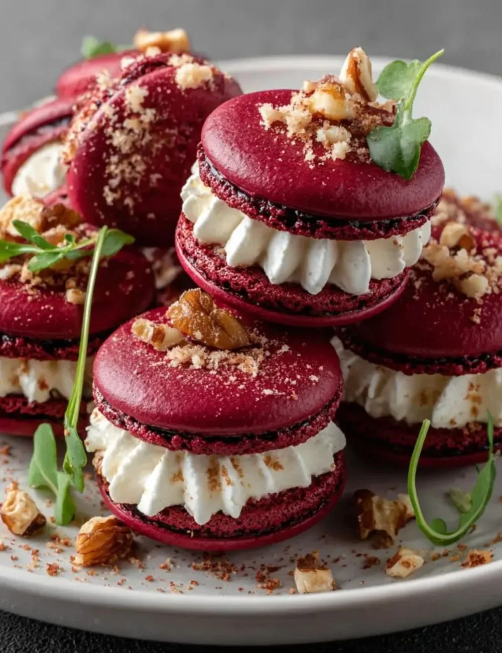 Savory beet macarons filled with goat cheese for a gourmet treat