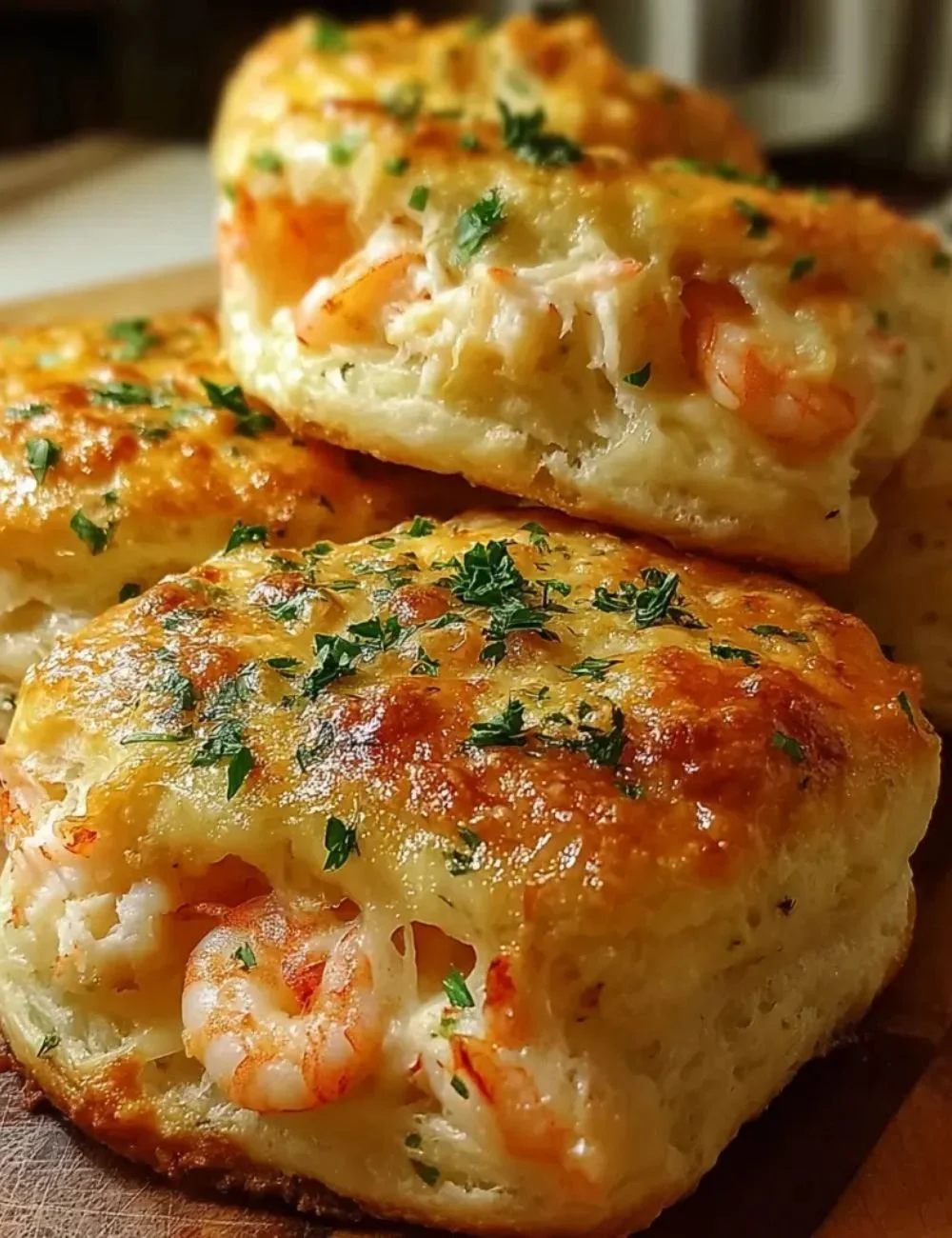 Savory shrimp crab biscuit melts served on a plate, garnished.