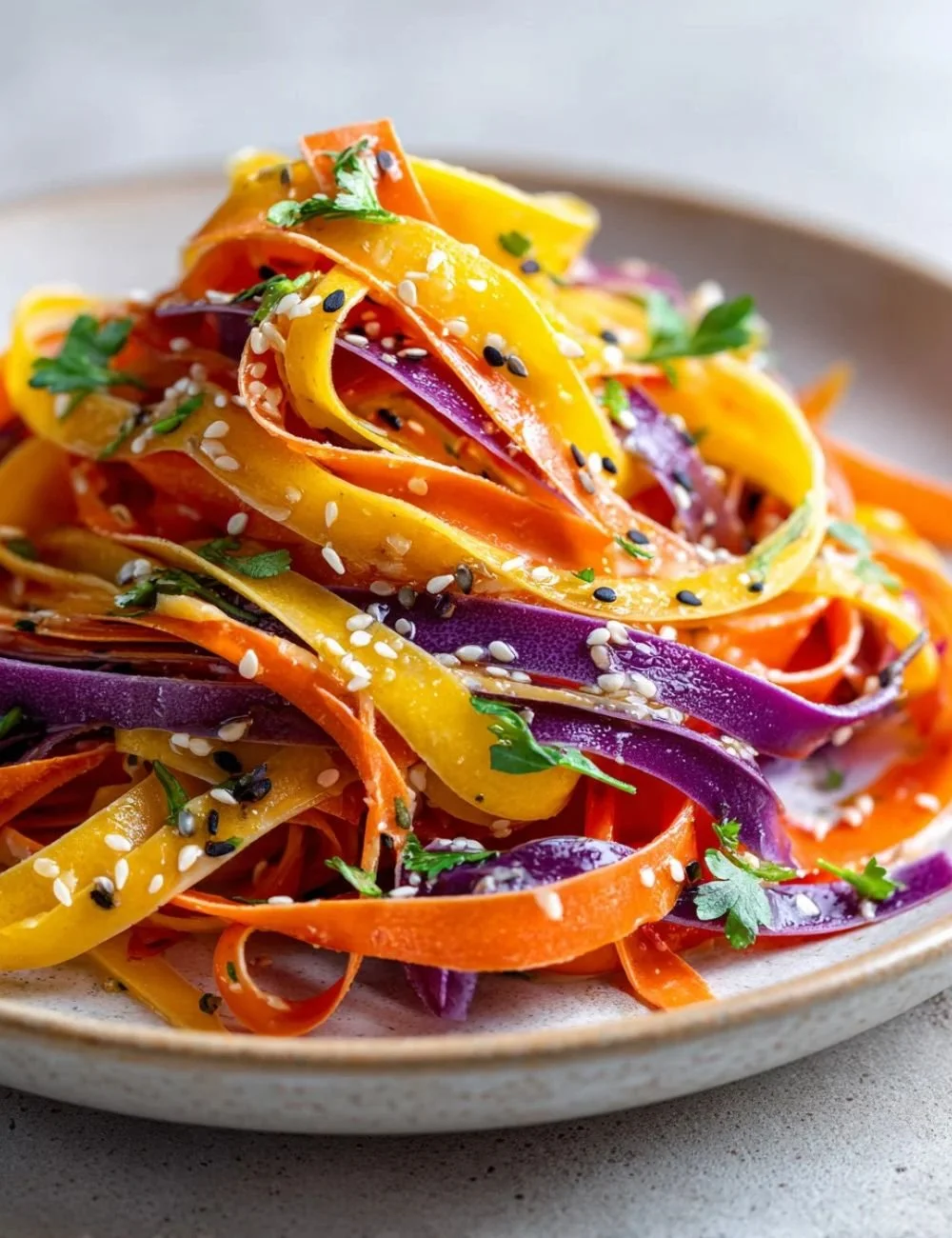 Shaved rainbow carrot salad topped with sesame dressing and herbs