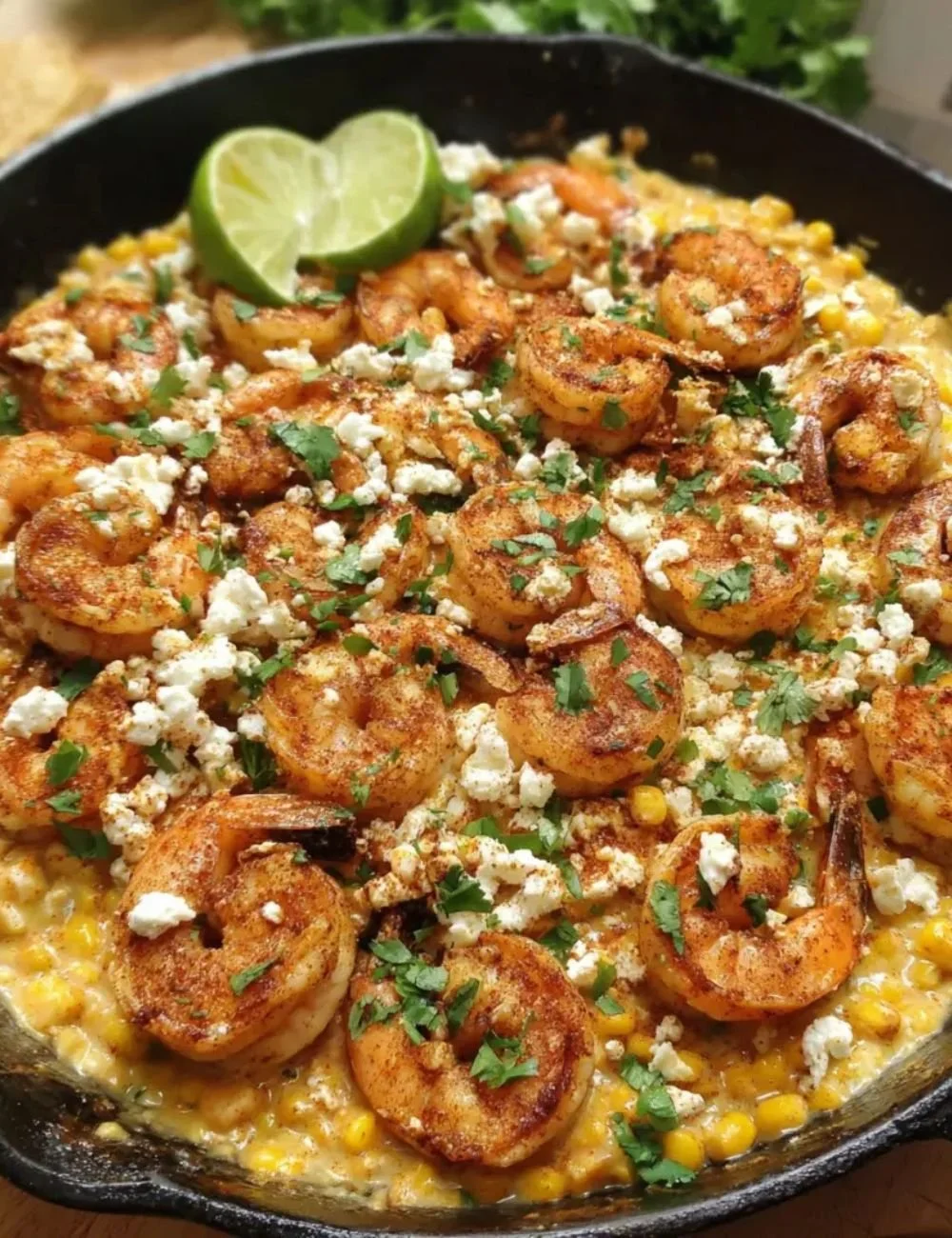 Plate of Shrimp with Creamed Corn & Feta ready to serve.