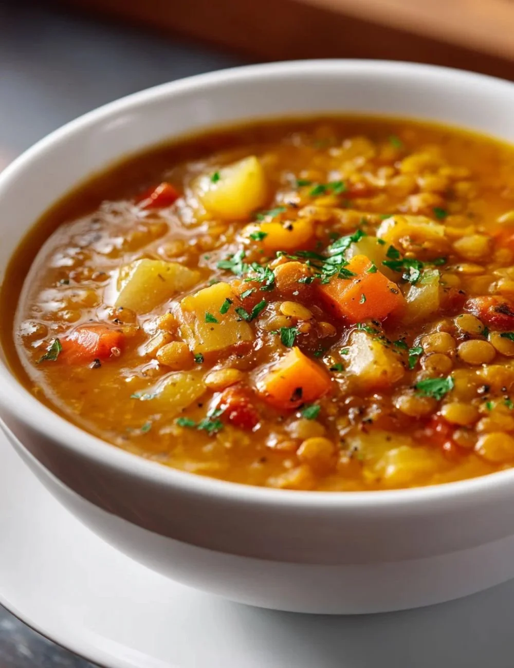 Slow cooker lentil soup with root vegetables in a bowl