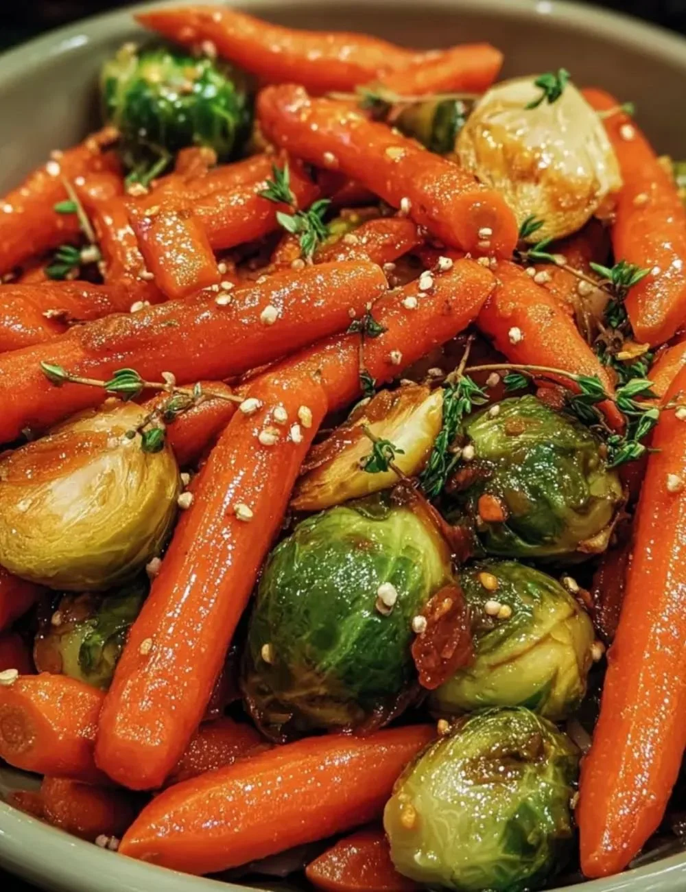 Slow-cooked maple glazed carrots and Brussels sprouts in a serving bowl