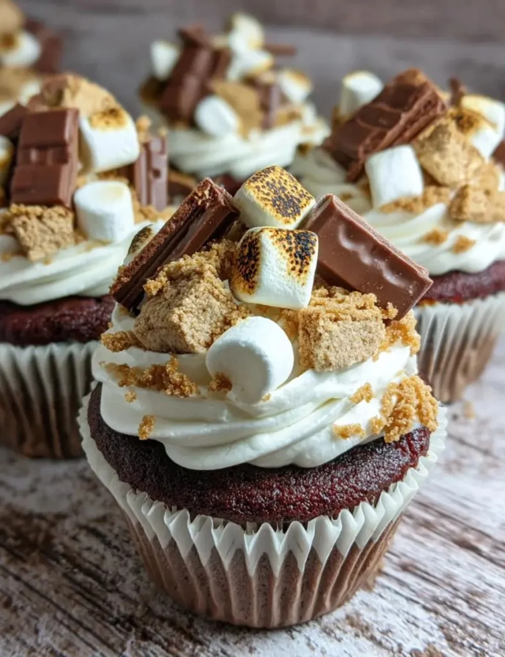 Delicious smores chocolate marshmallow cupcakes topped with graham cracker crumbs.