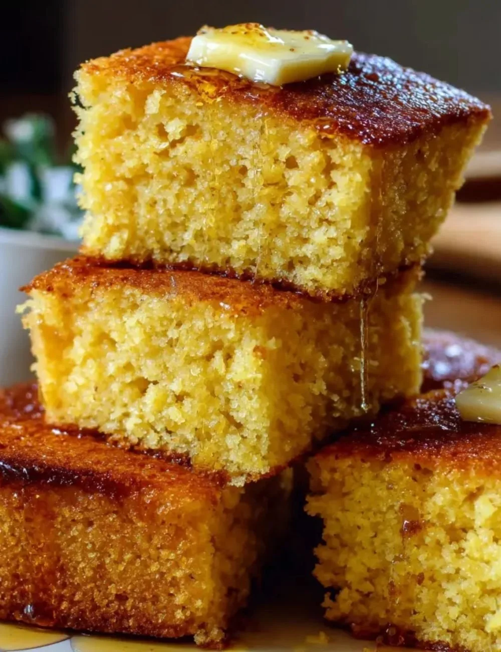 Delicious Southern honey butter cornbread served warm on a plate