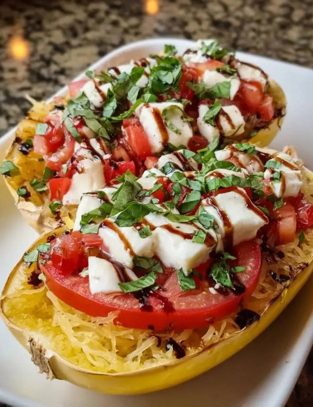 Spaghetti Squash Caprese with fresh tomatoes and basil