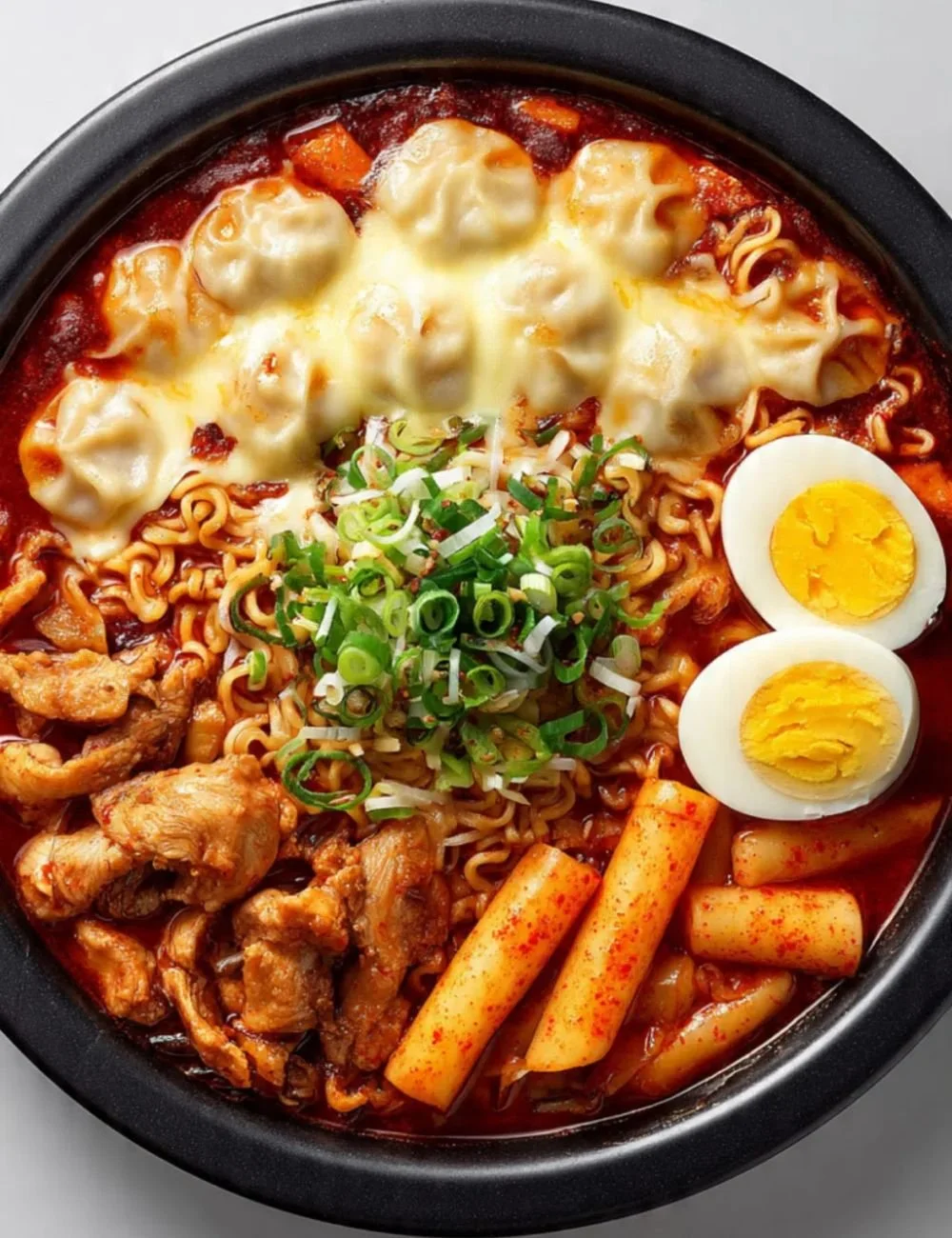 Plate of spicy chicken dumplings garnished with herbs and chili flakes