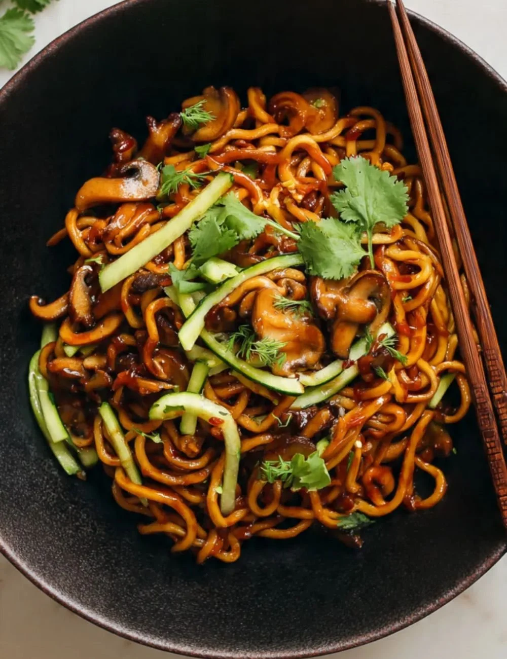 Bowl of Spicy Miso Corn Noodles topped with fresh herbs.