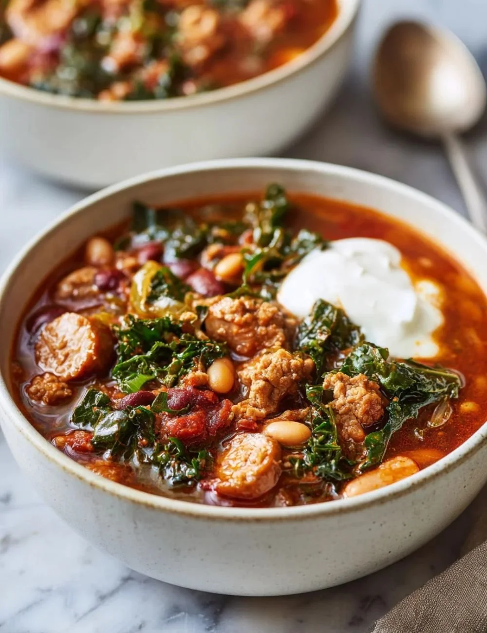 Bowl of spicy Turkey Sausage Chili with toppings and non-alcoholic ale
