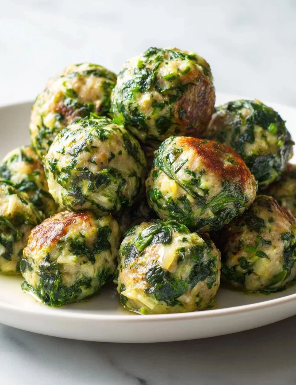 Spinach garlic meatballs on a plate, garnished with herbs.