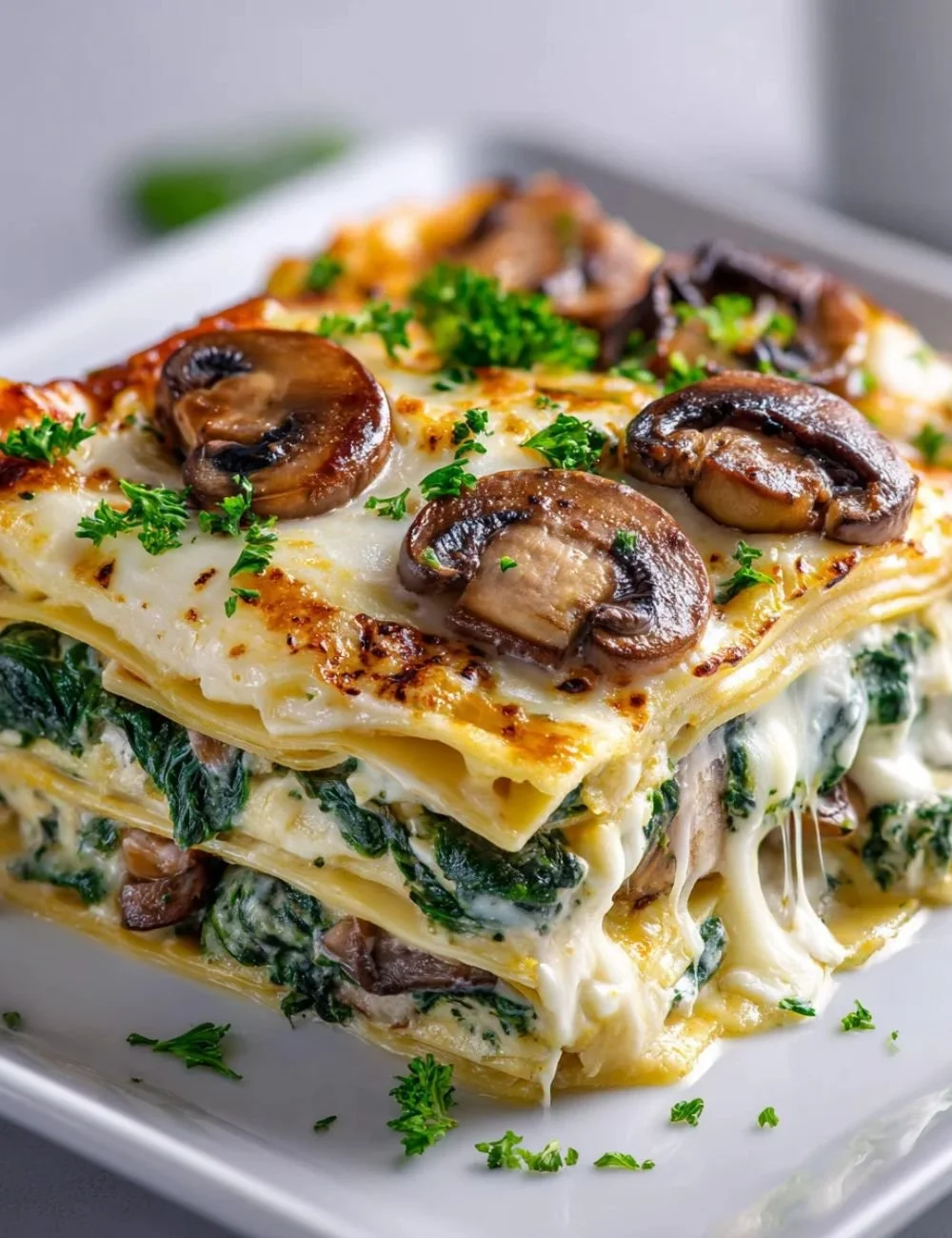 Spinach Mushroom Vegetarian Lasagna served in a dish with fresh ingredients