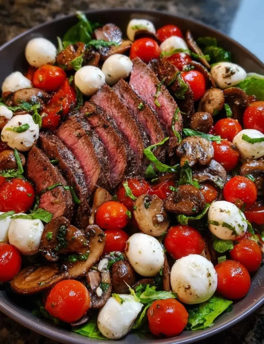 Delicious Steak Caprese Salad with mushrooms, tomatoes, mozzarella, and fresh basil.