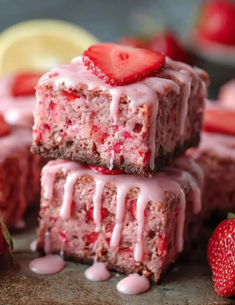 Delicious strawberry brownies with a lemon glaze topping on a white plate