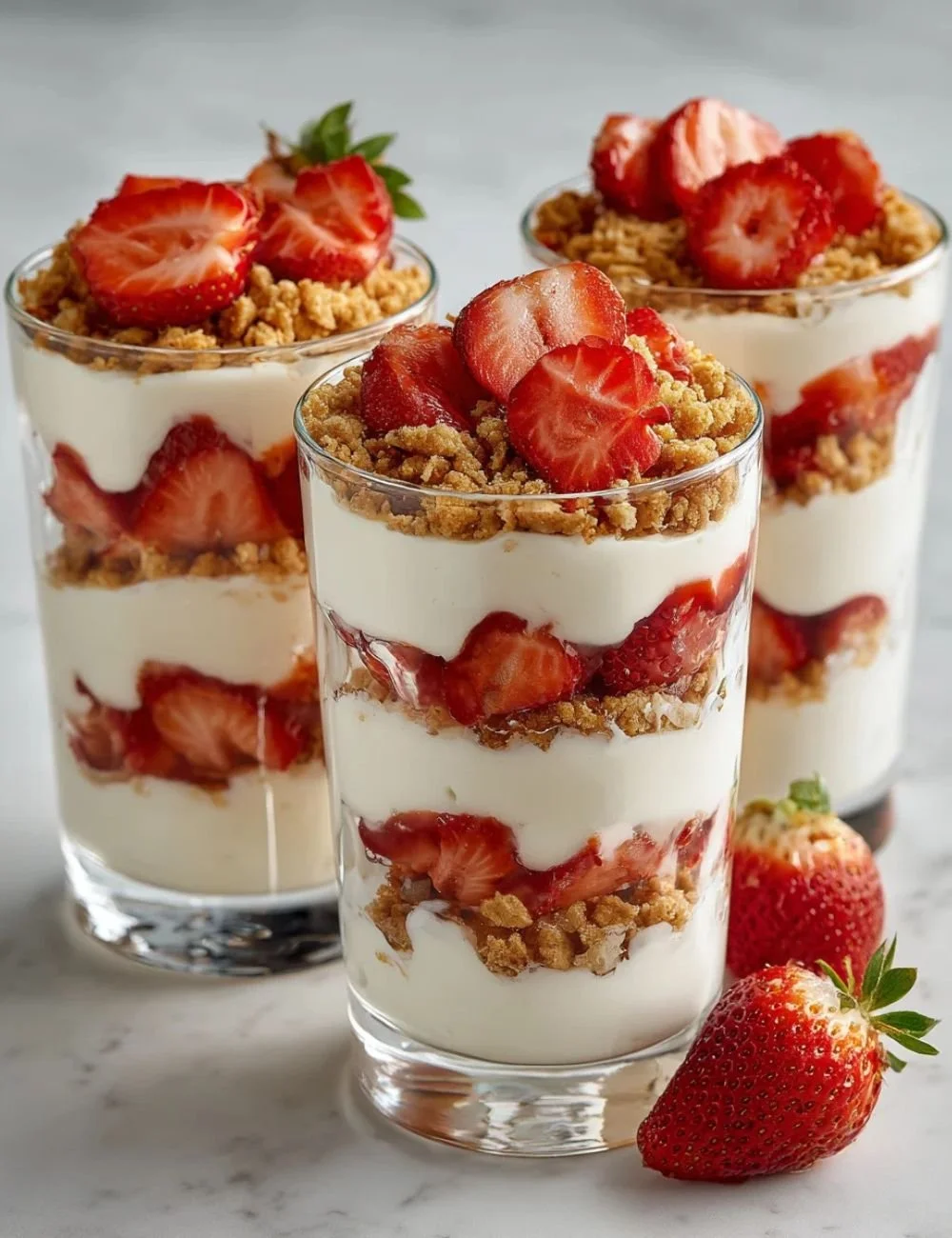 Delicious strawberry cheesecake breakfast topped with fresh strawberries and cream.