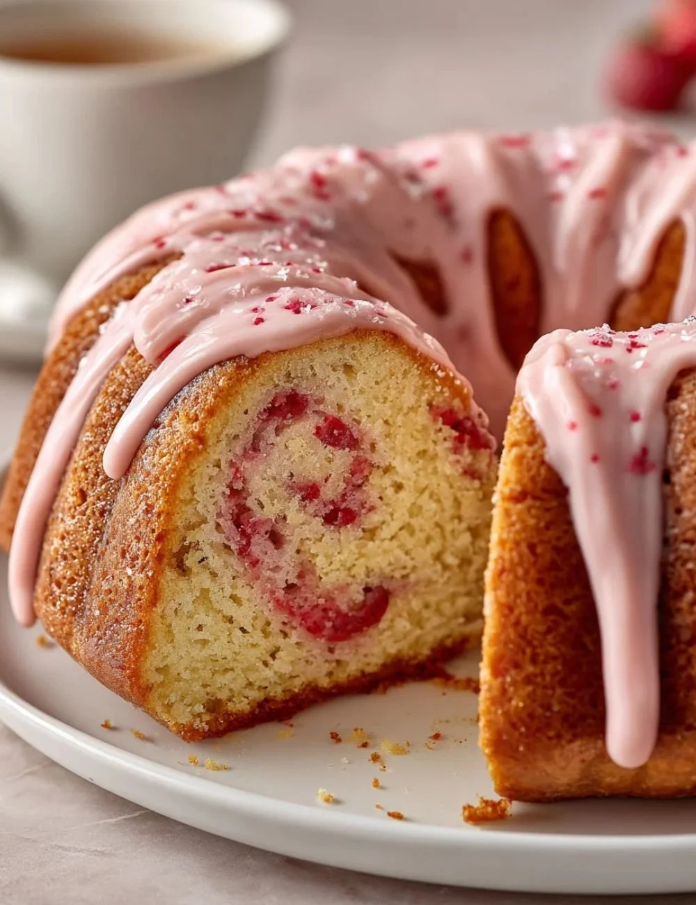 Delicious slice of Strawberry Honeybun Cake topped with creamy icing