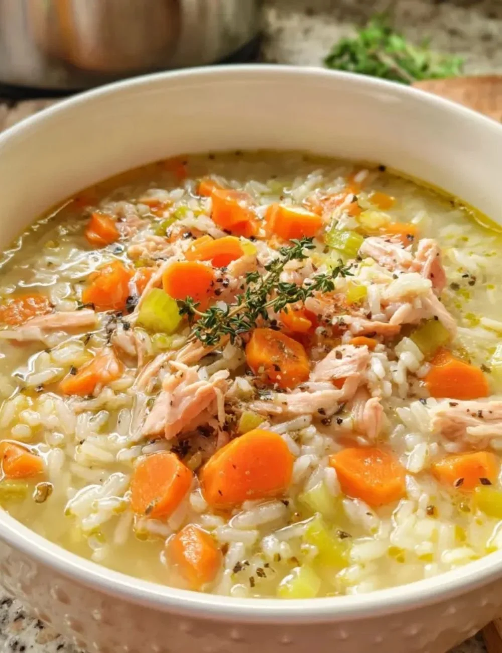 Delicious bowl of homemade Turkey Rice Soup garnished with herbs
