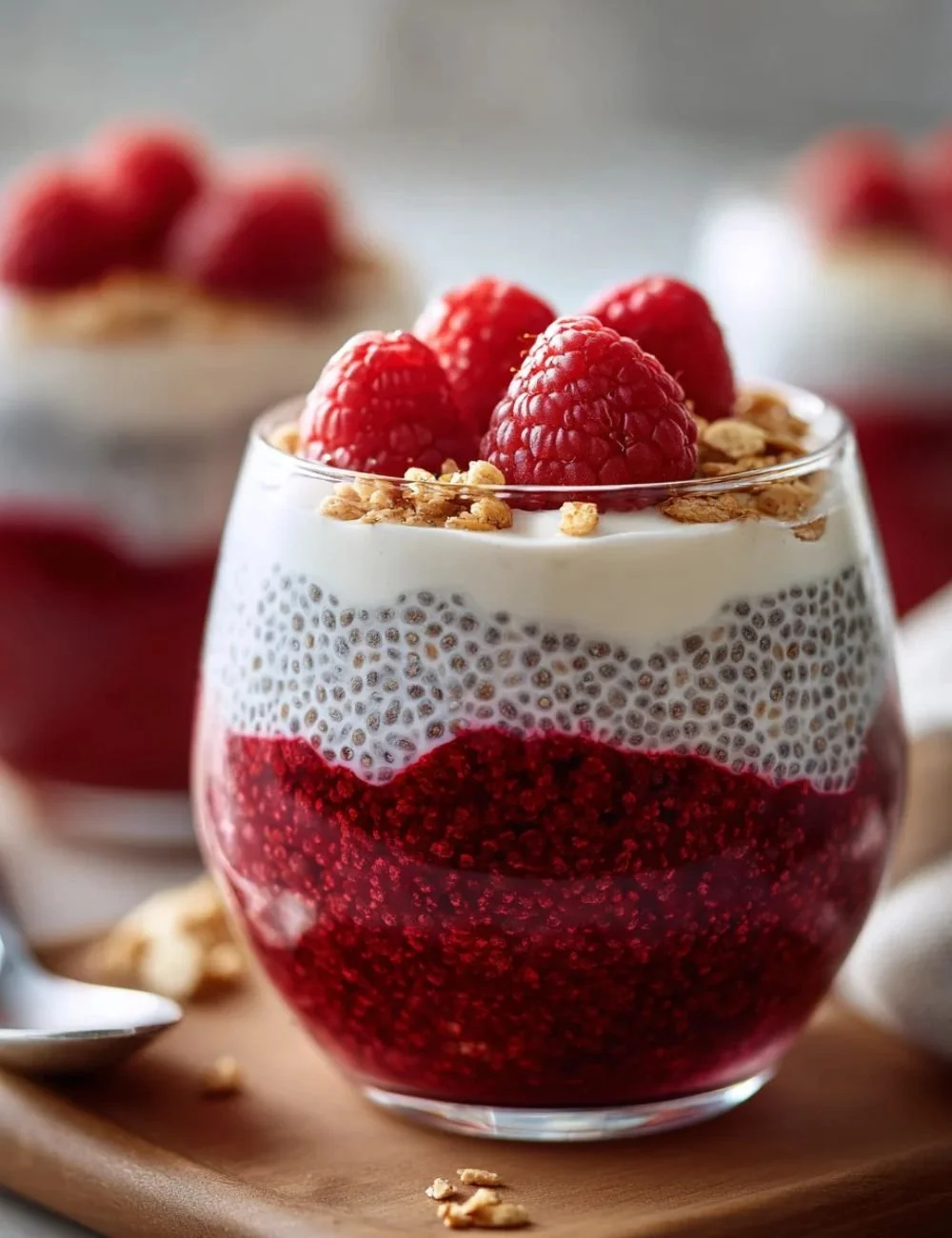 Vanilla raspberry chia pudding served in a glass bowl, topped with fresh raspberries.