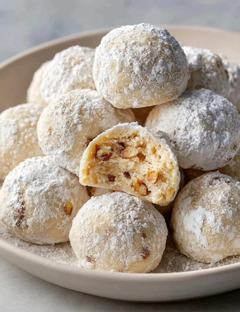 Delicious Walnut Snowball Cookies dusted with powdered sugar on a plate.