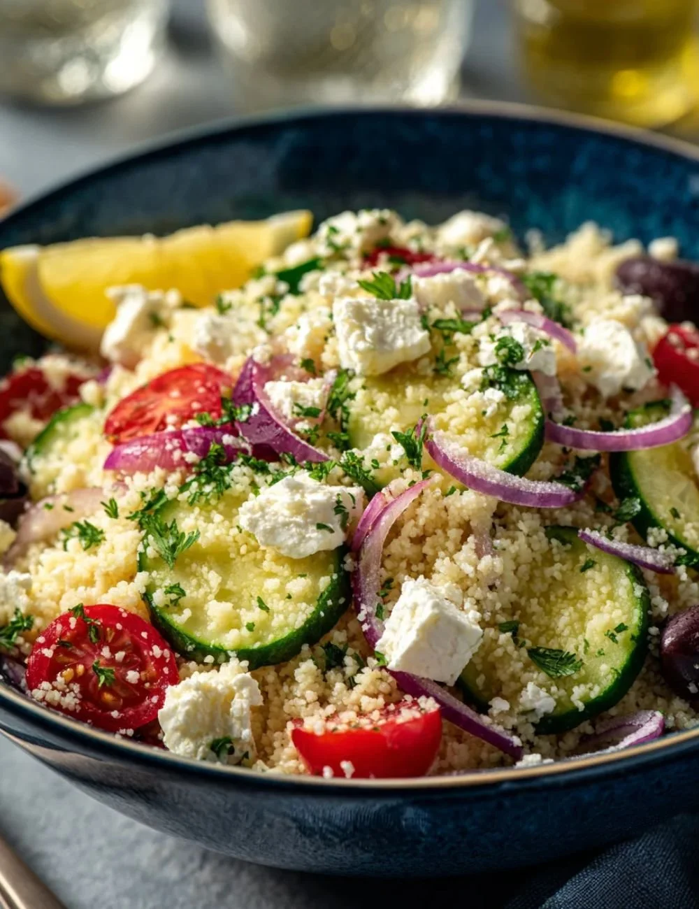 Zesty Mediterranean Couscous Salad garnished with fresh vegetables and herbs