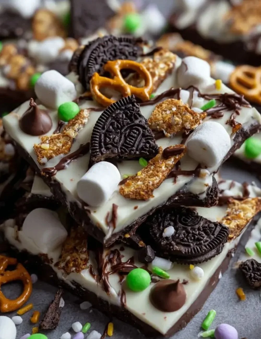 5-Ingredient Oreo Bark topped with crushed Oreos and chocolate drizzle