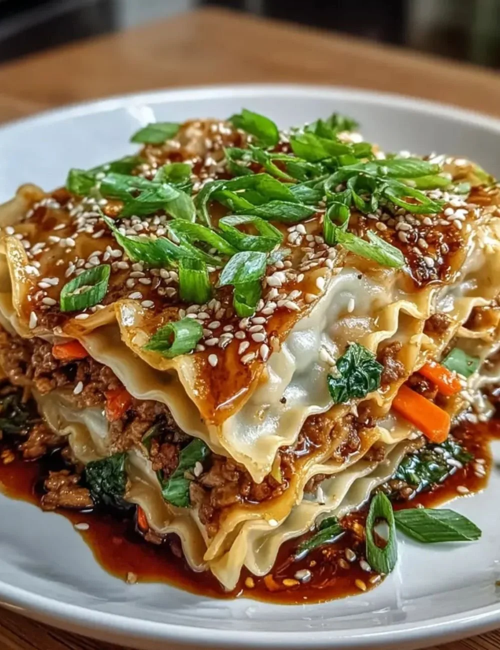 Asian dumpling lasagna layered with savory flavors and unique ingredients