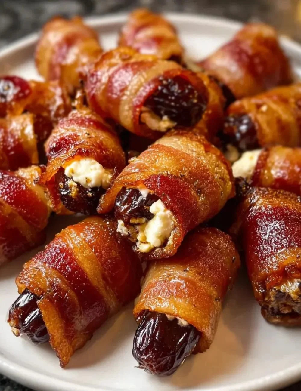 Bacon wrapped dates stuffed with goat cheese, served on a platter.